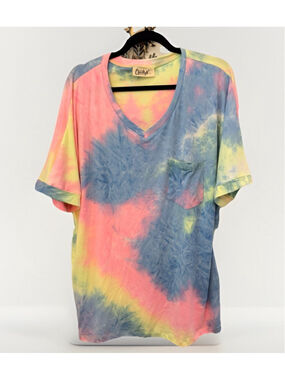 Cheekys XL Tie Dye V Neck Pocket Tee Pastel Pink Blue Yellow Short Sleeve Top
